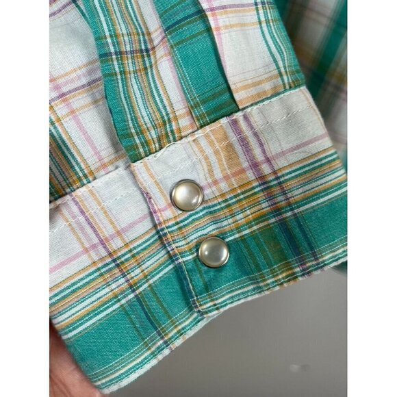 Wrangler Top Women 3X Green Collar Neck Pearl Metal Snap Plaid Western Rodeo 80s - Picture 3 of 10